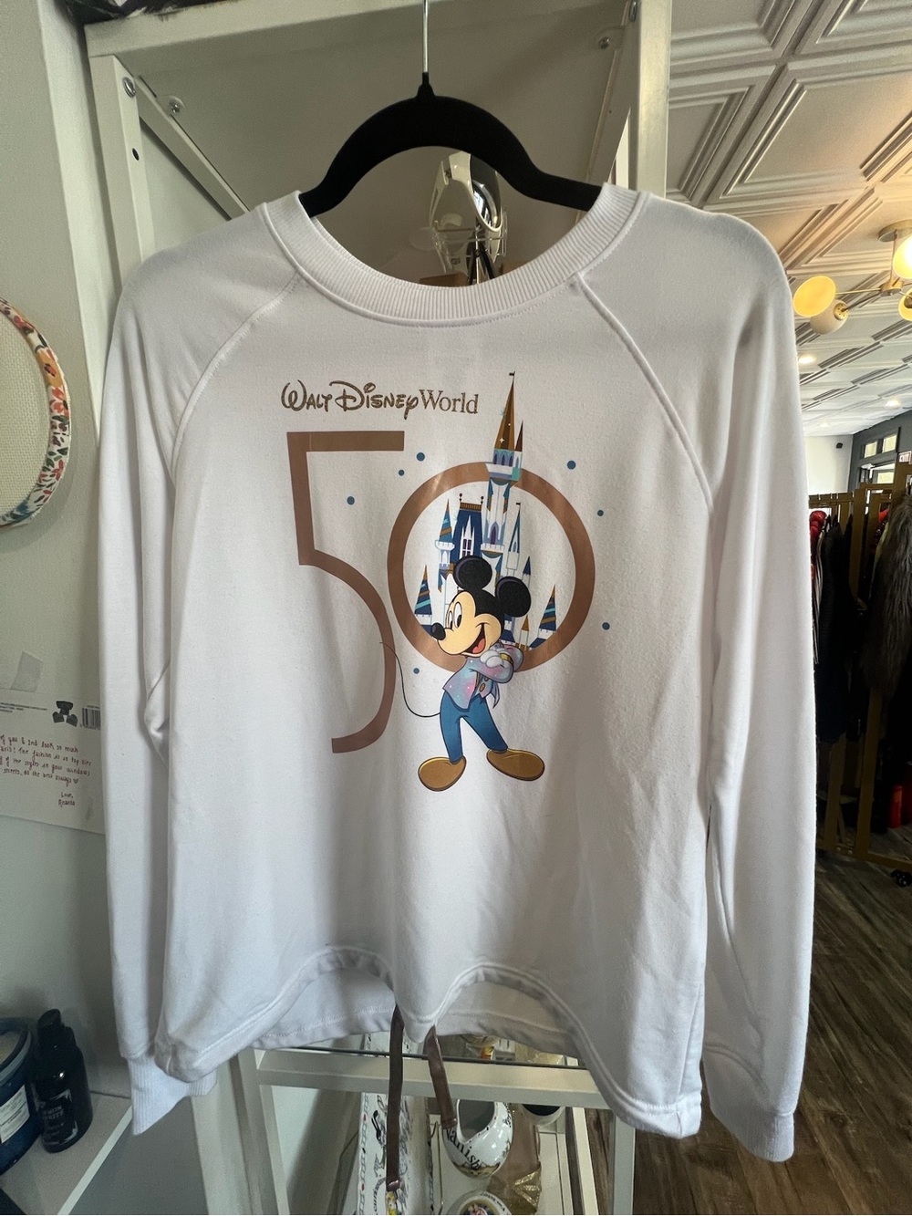 Disney White 50th Anniversary Mickey Long Sleeve sweatshirt with Gold Accent